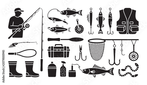 Bild auf Leinwand Fishing gear set with angler and various fishing accessories like lure and tackle boxes