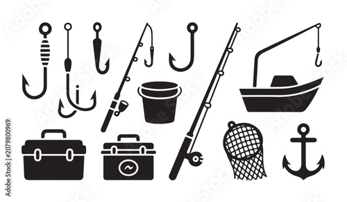 Foto Fishing equipment and boat silhouette vector set for angling sports and outdoor activity