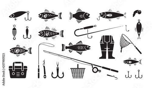 Фотография Fishing equipment icons set containing fish lures hooks tackle box and outdoor gear set