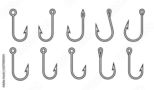 Vászonkép Ten different types of steel fishing hooks icons in clean line art vector illustration