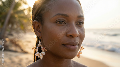 Portrait of serene black woman wearing shell earrings on beach