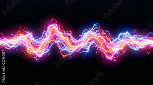 Abstract Glowing Energy Wave with Vibrant Red and Blue Lightning Particles on a Dark Background for Modern Technology Design
