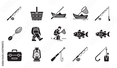 Fotografie Vector icon set related to fishing hobby and outdoor recreation sports activities design