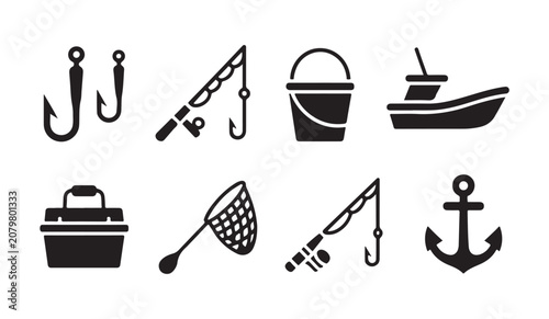 Foto Set of fishing icons including hooks rod bucket boat anchor tackle box and fishing net