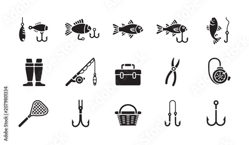 Photos Set of various fishing gear icons representing angling equipment for recreational sports