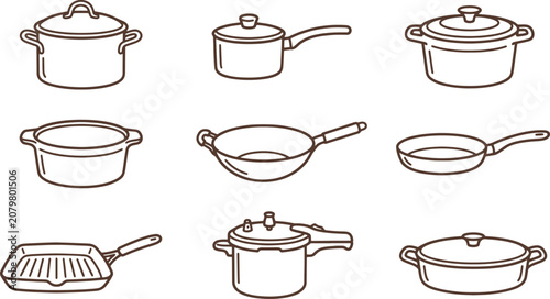 Set of brown line showing various kitchen cooking pots, pans, a grill pan, and a pressure cooker isolated on a white background