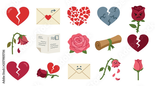 Obraz na plátně Collection of icons representing heartbreak, sadness, and lost love, including broken hearts, wilting roses, and sad letters
