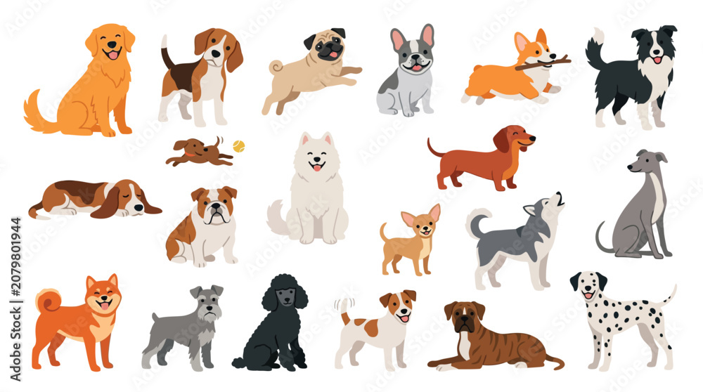 Fototapeta premium A diverse collection of adorable dog breeds depicted in a charming flat illustration style, showcasing various sizes and personalities.