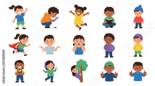Fotografie A diverse group of happy children expressing various emotions and activities, depicted in a playful, cartoonish style