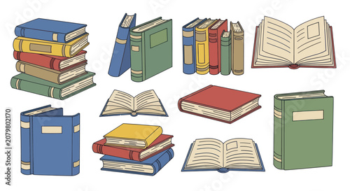 Foto Collection of various books and open books on a white background.