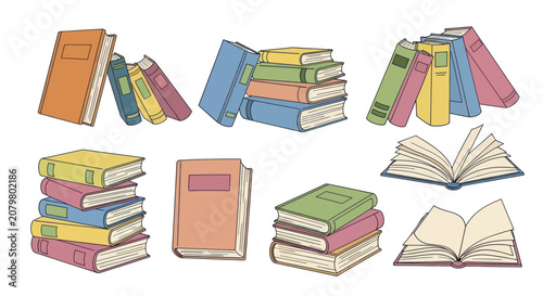Foto Collection of various books stacked and open.