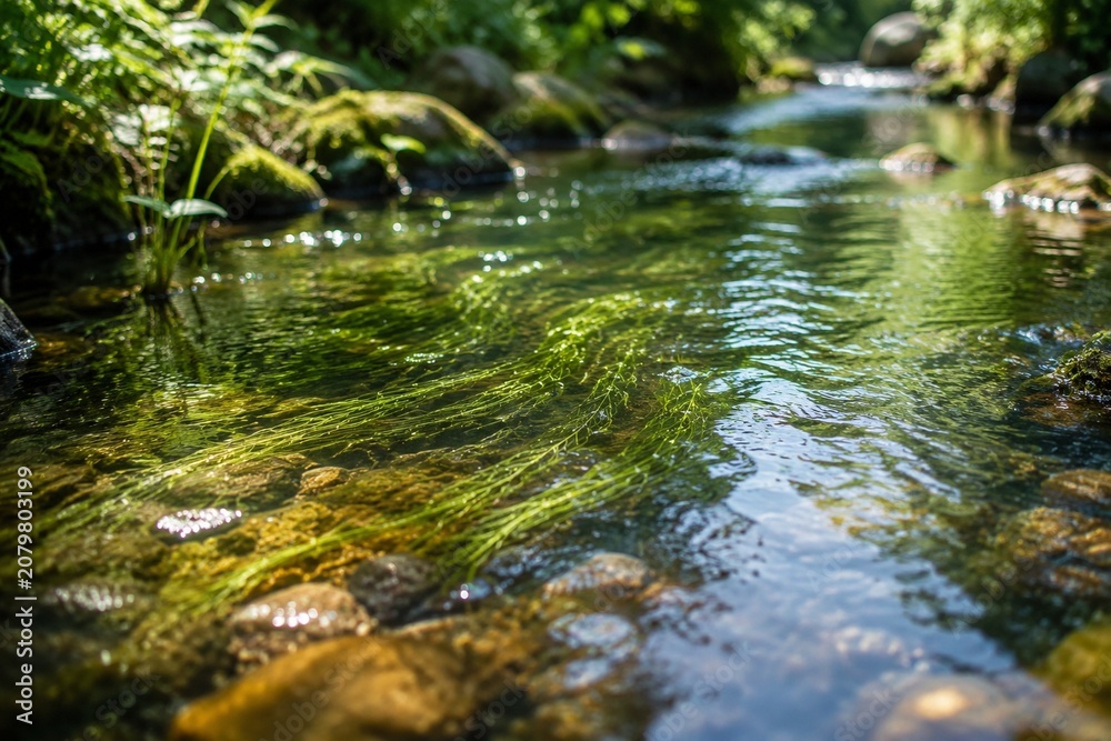 Fototapeta premium Clear shallow stream with water plants, sunlight filtering through.
