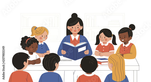 Quadro su tela Teacher reading book to diverse group of attentive children.