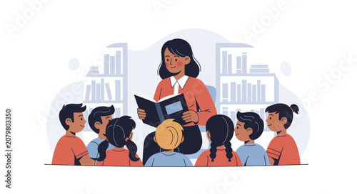 Φωτογραφία Teacher reading book to attentive diverse children in classroom.