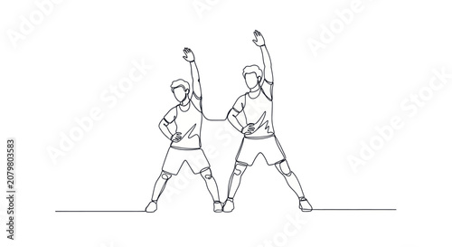 Photos Two people exercising together, raising arms in a synchronized fitness routine