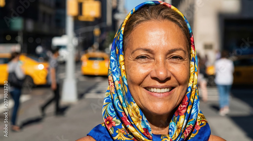 Happy woman wearing a colorful headscarf in a city