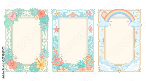Cute pastel decorative frame templates set with tropical flowers ocean shells and rainbow sky illustrations