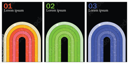 Foto Retro Business Infographics Set with 3 Steps Options Featuring Vintage Textured Rainbow Arch Stripes and Numbers on Black Background for Presentation and Web Design