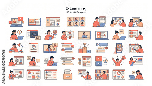 Foto Extensive e-learning illustration collection showing diverse online education an