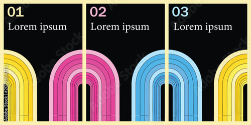Obraz na plátně Modern Minimalist Business Infographics Set with 3 Steps Options Featuring Vibrant Pastel Curved Rainbow Arch Lines and Numbers on Black Background