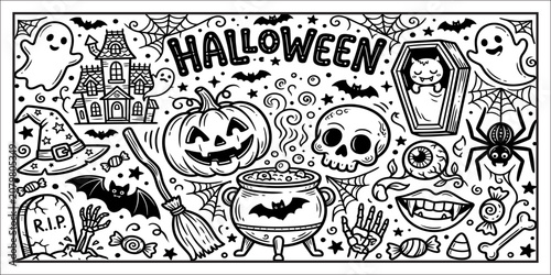 Halloween themed coloring page for kids and adults with spooky and fun illustrations