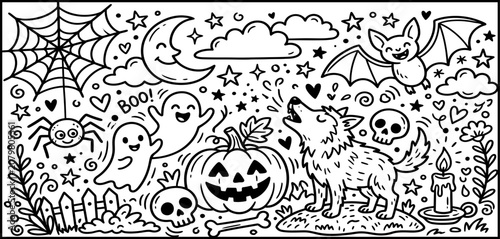 Halloween themed coloring page for kids with spooky and friendly characters