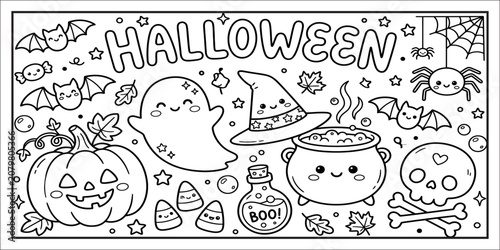 Halloween coloring page for kids with cartoon characters