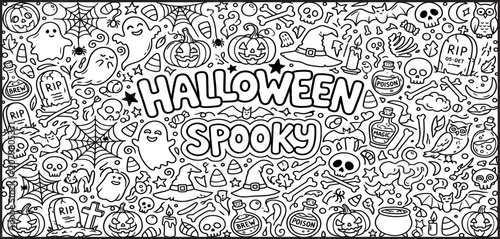 Intricate halloween doodle art with spooky elements and hand lettered typography