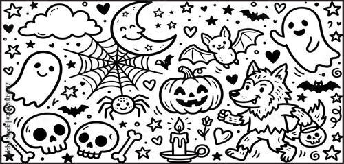 Halloween themed coloring page for kids with cartoon characters and symbols
