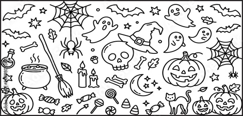 Halloween line art collection spooky elements for seasonal designs and coloring pages