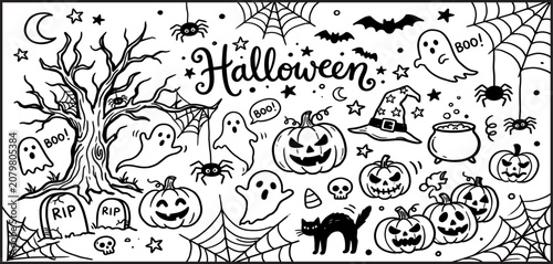 Halloween themed coloring page for kids and adults with spooky and festive illustrations