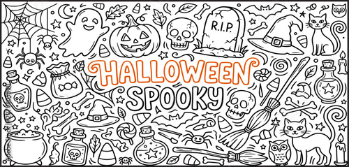Halloween spooky doodle collection black and white line art for coloring pages and seasonal designs