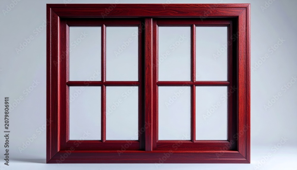 Fototapeta premium Traditional Red Mahogany Wooden Window Frame on Grey Background