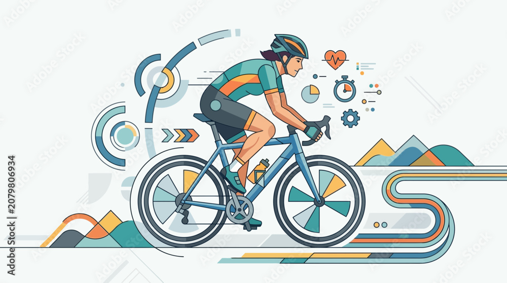 Fototapeta premium Woman cyclist with fitness data, healthy lifestyle