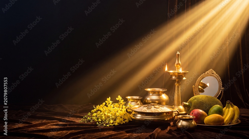 Fototapeta premium Traditional Kerala Vishu Kani arrangement with a lit brass lamp, valkannadi, and kanikkonna flowers illuminated by dramatic morning sun rays on a dark background with copy space.
