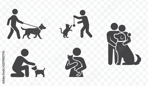 People and Pets Interaction Silhouettes Vector Set Joyful Companion Moments Line Art
