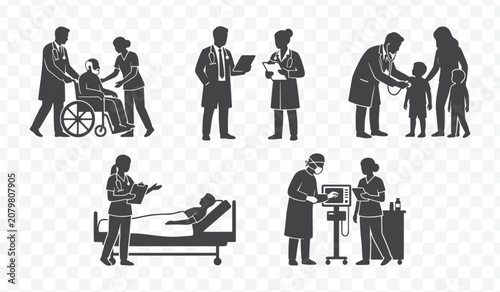 Healthcare Professionals Assisting Patients in Medical Setting Silhouettes Vector Illustration