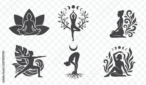 Silhouette Yoga and Meditation Poses Vector Set in Minimalist Black Line Art Style