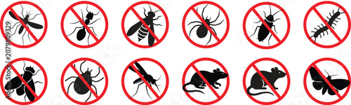 Bild auf Leinwand Insect and pest control icon set featuring prohibition red warning signs, Solid