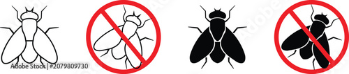 Housefly insect pest control icon set featuring prohibition red warning signs, Solid silhouette and outline vector graphics of bugs, Isolated stop warning vector elements for exterminator services