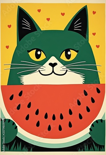 Playful Cat Holding Watermelon in Colorful Art Style