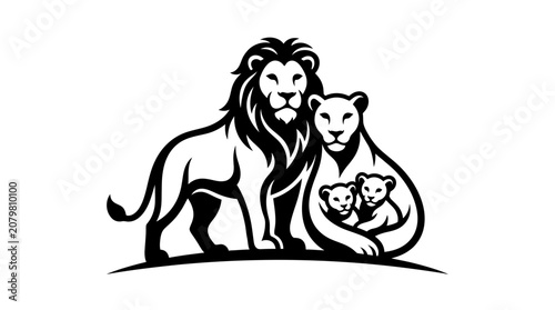 Foto Lion Family Silhouette, King Leo, Queen, Cubs, Wildlife, Majestic