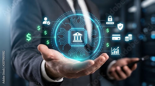 Businessman holding virtual holographic banking icon representing digital fintech technology