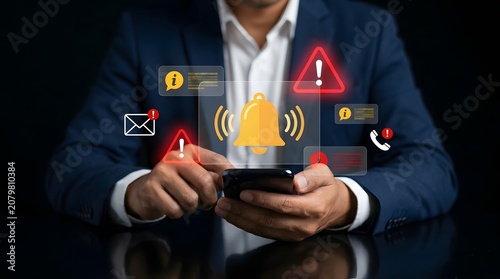 Businessman using mobile phone with virtual alert notification icons and warning signals