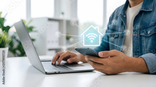 Man managing smart home automation system using smartphone and laptop with digital interface