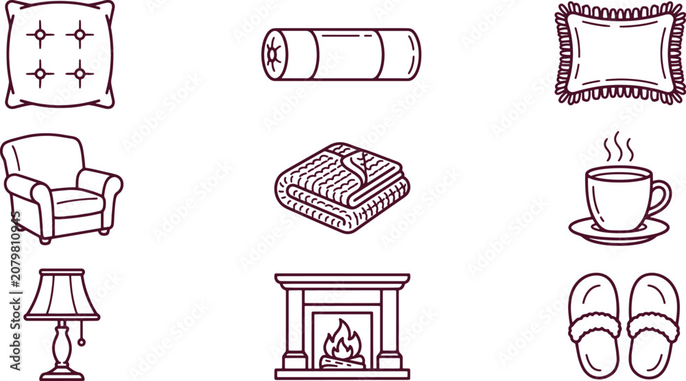 Fototapeta premium A collection of cozy home interior including a pillow, bolster, armchair, blanket, cup, lamp, fireplace, and slippers in line style