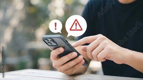 Man holding mobile phone receiving alert warning message notification graphics