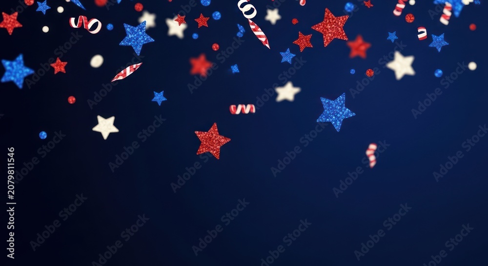 Fototapeta premium Celebratory confetti burst creates festive atmosphere with patriotic star and ribbon designs against dark backdrop