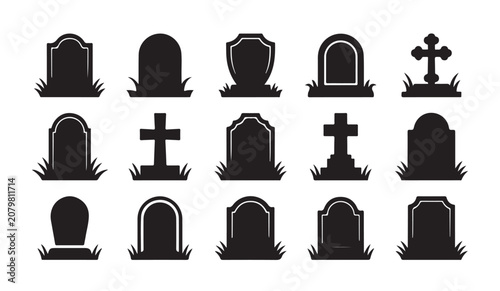 Obraz na plátně Set of black silhouette gravestones and tombstone icons for cemetery design and graphics