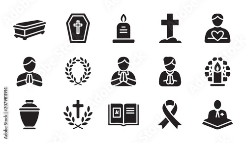Tableau sur toile Funeral ceremony icons depicting coffins crosses candles prayers hearts wreaths and urns